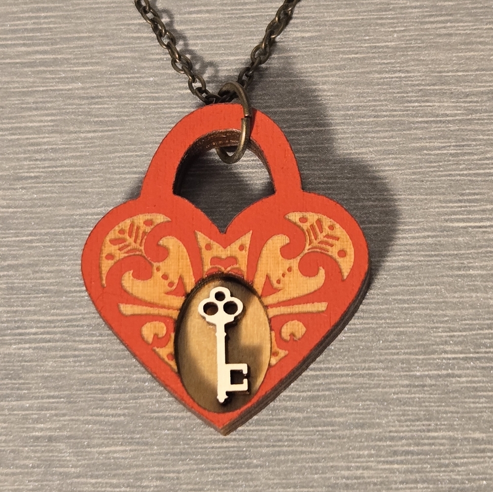 Wood Heart Pendant Necklace with Key Design